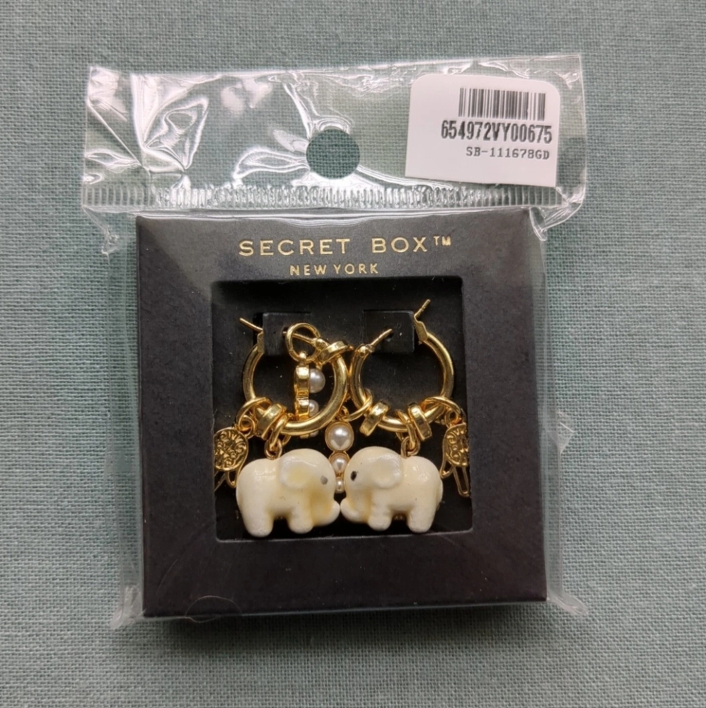 SECRET BOX 14K Gold Dipped Hoop Elephant Hamsa Hand Pearl Cluster Charm Earrings
